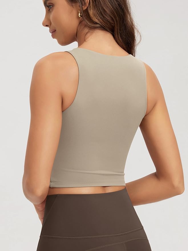 ODODOS Double Layer High Neck Crop Tank for Women Cloud Feeling Sleeveless Casual Yoga Cropped Tops
