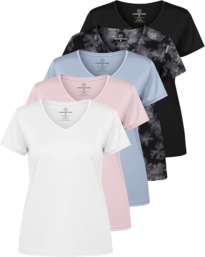 Real Essentials 5 Pack: Women's Dry-Fit Short Sleeve V Neck T Shirt Workout Fitness Yoga Top Tee (Available in Plus Size)