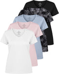 Real Essentials 5 Pack: Women's Dry-Fit Short Sleeve V Neck T Shirt Workout Fitness Yoga Top Tee (Available in Plus Size)