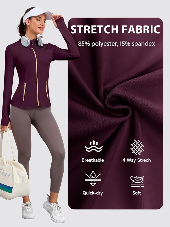 VUTRU Women Athletic Jacket Fitted Workout Running Zip Up Track Coat Layer with Thumb Holes Pockets for Yoga Gym Travel