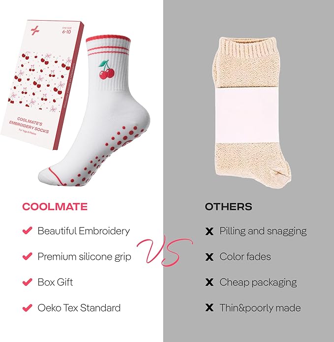 CoolMate Pilates Socks with Grips for Women, Yoga Socks, Crew Non Slip Women for Barre, Pilates Gifts for Women