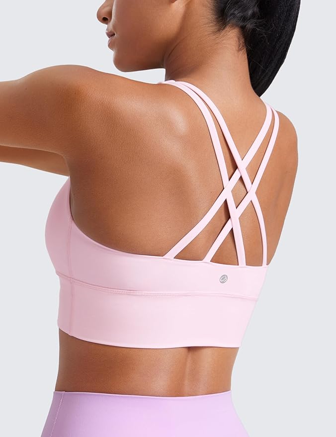 CRZ YOGA Naked Feeling Strappy Longline Sports Bras for Women - Medium Impact Criss Cross Yoga Padded Workout Crop Top