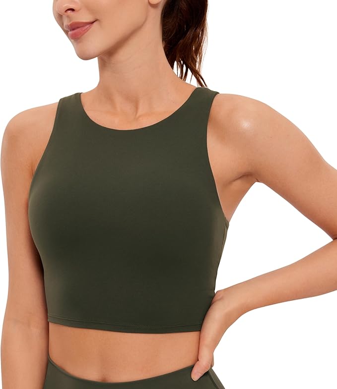 CRZ YOGA Butterluxe High Neck Crop Tank Tops for Women - Racerback Padded Longline Sports Bras Workout