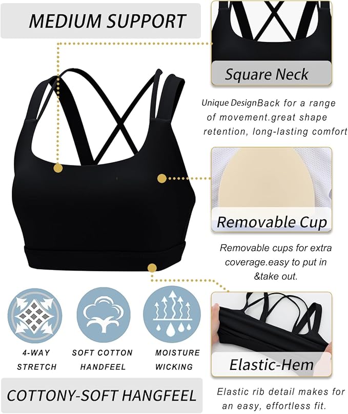 RUNNING GIRL Sports Bras for Women,Padded Strappy Sports Bras Criss-Cross Back Medium Support Sports Bras with Removable Cups