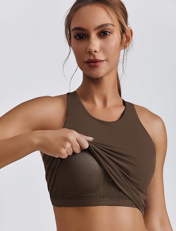 PINSPARK Women Sports Bra High Neck Racerback Workout Crop Tank Top Longline Padded Yoga Tops with Built in Pads