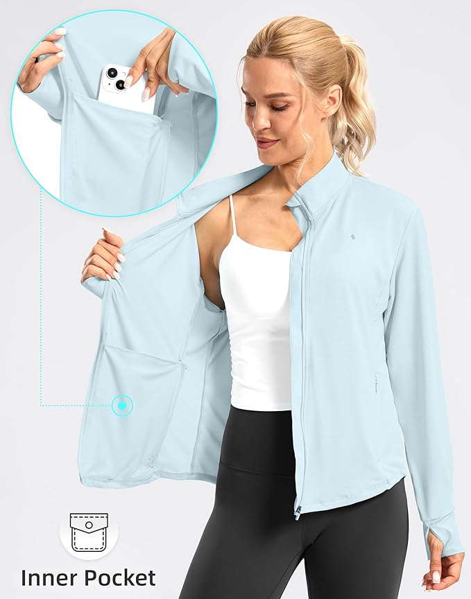 Soothfeel Women's UPF 50+ Lightweight Athletic Jackets Sun Protection Zip Up Long Sleeve Shirts Hiking Workout Outdoor Pocket