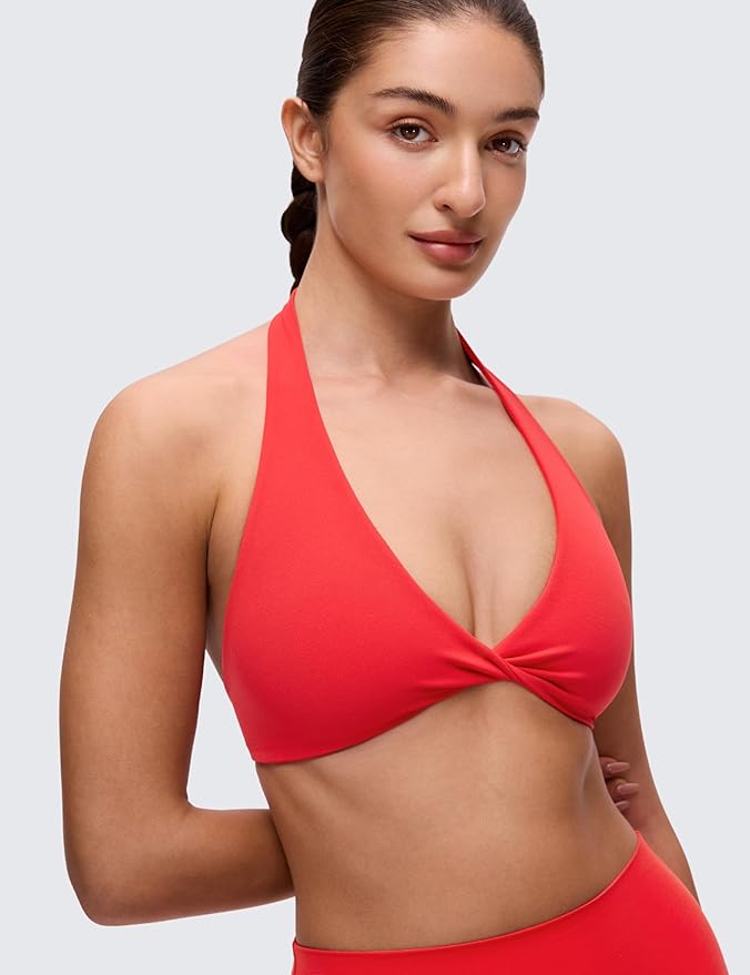 CRZ YOGA Butterluxe Double Lined Twist Halter Sports Bras for Women - Deep V Neck Crop Top Casual Open Back Non Padded