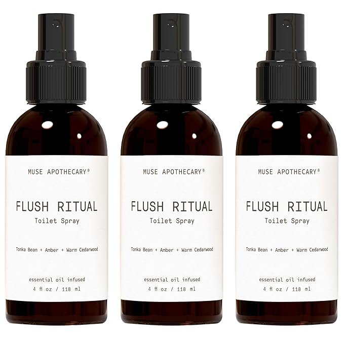 Muse Apothecary Flush Ritual - Aromatic & Refreshing Toilet Spray, Use Before You Go, 4 oz, Infused with Natural Essential Oils - Tonka Bean + Amber + Warm Cedarwood, 3 Pack