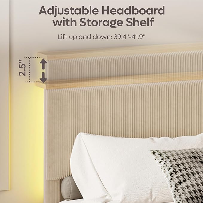 Bestier King Bed Frame with Adjustable Headboard & LED Lighting, Corduroy Upholstered Platform Bed Frame with Storage Shelf, Solid Wood Slats, No Box Spring Needed,Never Squeak, Easy Assembly, Taupe