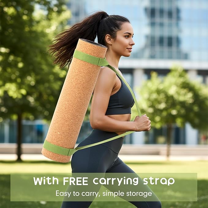 2 Pcs Cork Yoga Mat, 68 x 24 inch Premium 6mm Solid Thick Non Slip Fitness & Exercise Mat for All Types of Yoga Pilates & Floor Workouts with Strap