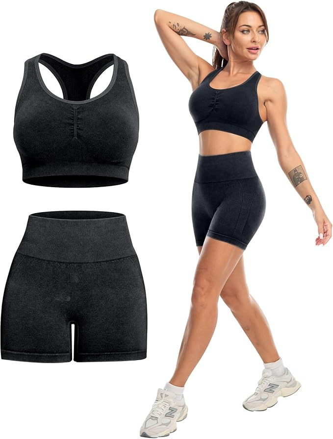 Workout Sets for Women 2 Piece - Seamless Yoga Outfits Shorts and Padded Sports Bra Gym Athletic Clothing Set