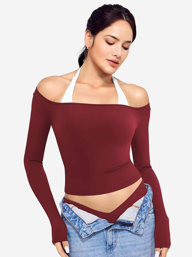 YEOREO Long Sleeve Workout Tops for Women Square Neck Slim Fitted Double Lined Compression Shirt Basic Casual Gym Yoga Tops