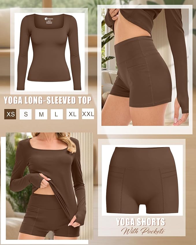 Oakgarden Women's Long Sleeve Yoga Set Square Neck Slim Fit Tops Elastic Soft Thumb Hole Shirt High Waist Shorts with Pockets