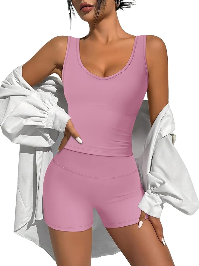 Alaroo Workout Sets for Women 2 Piece U Neck Crop Tank Top High Waisted Shorts Athletic Gym Yoga Outfits Activewear