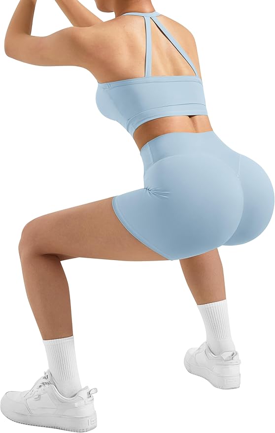 SUUKSESS Women 2 Piece Workout Sets High Waisted Tummy Control Biker Shorts Halter Padded Tank Tops