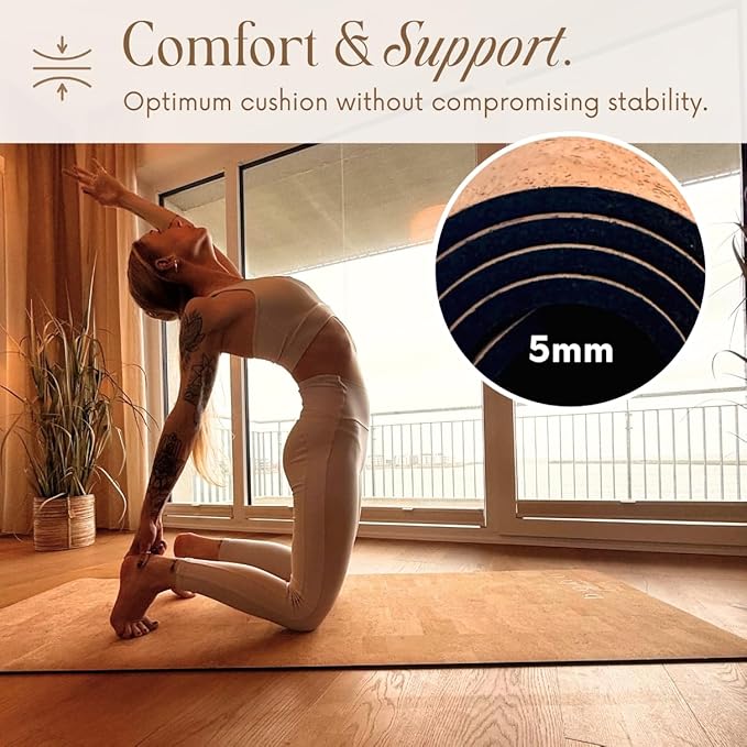 Deluxe Cork Yoga Mat – Gold, Coffee or Vegan Leather Cork Surface & Natural Rubber Base – Premium Natural & Eco Friendly Materials – Includes Signature Handmade Boho Bag