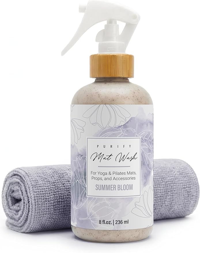 Organic Yoga Mat Cleaner Spray | 8oz Summer Bloom with Microfiber Cloth | Made in the USA | Safely and Effectively Cleans All Mats and Pilates + Yoga Accessories