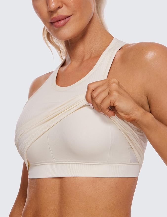 CRZ YOGA Seamless Ribbed High Neck Crop Tank Tops for Women - Longline Racerback Padded Sports Bras