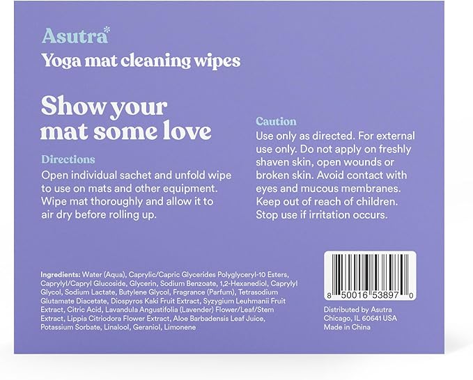 ASUTRA Yoga Mat Cleaning Wipes (Lovely Lavender), Individually Wrapped Wipes, 2 Boxes (30 Each) - No Slippery Residue, Deep-Cleansing for Fitness Gear & Gym Equipment