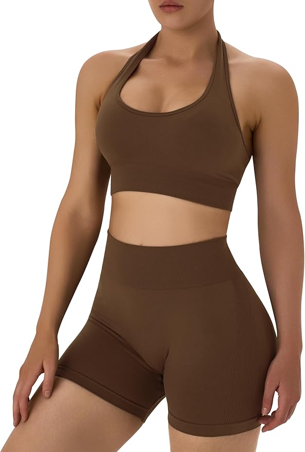 OLCHEE Workout Sets for Women 2 Piece Backless Halter Sports Bra High Waist Booty Shorts Yoga Gym Outfits Lounge Activewear