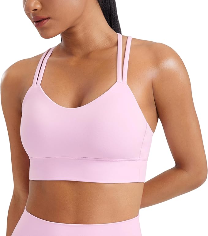 CRZ YOGA Softness Mold Butterluxe Strappy Longline Sports Bras for Women - Double Spaghetti Strap Workout Yoga Crop Top
