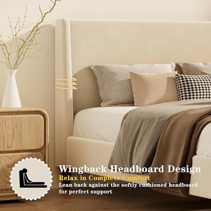 Queen Size Upholstered Platform Bed Frame, Modern Wingback Beds with Tall Headboard, Upholstered Bed Frames with Walnut Wooden Legs, No Box Spring Needed/Easy Assembly, Beige Velvet