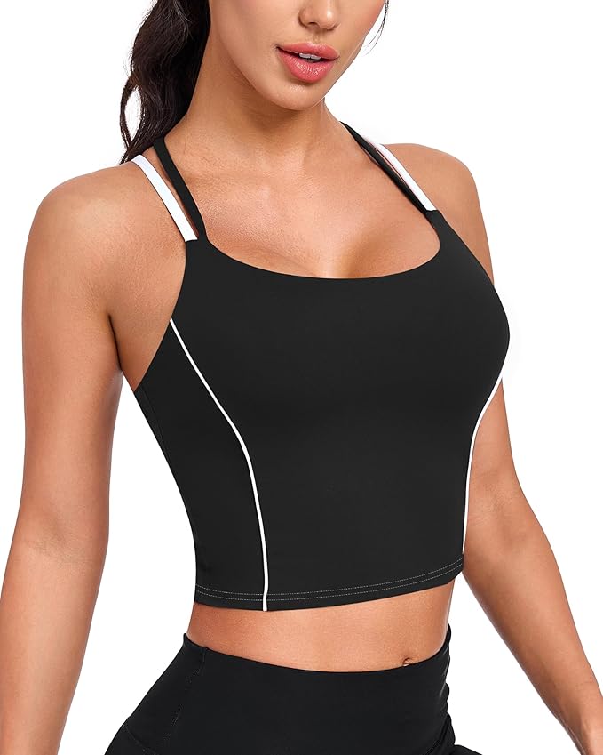 QUOJIZY Longline Sports Bras for Women Spaghetti Straps Tank Top with Built-in Bra Strappy Sports Bra for Yoga