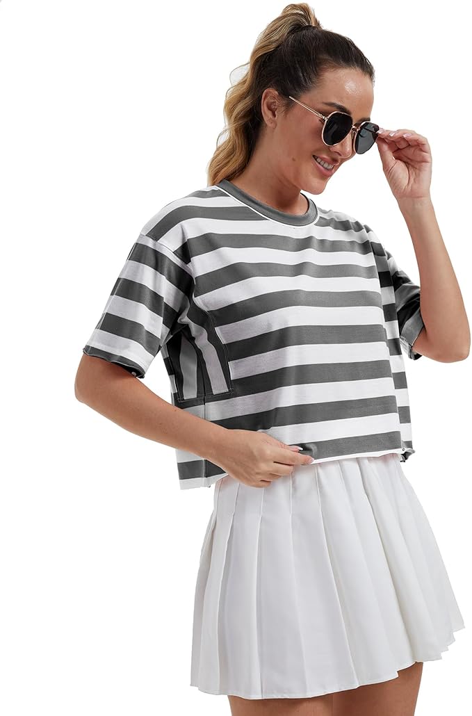 Women's Oversize Workout Crop Tops Casual Short Sleeve Drop Shoulder Boxy T-Shirts Roll Hem Basic Loose Yoga Running Tees
