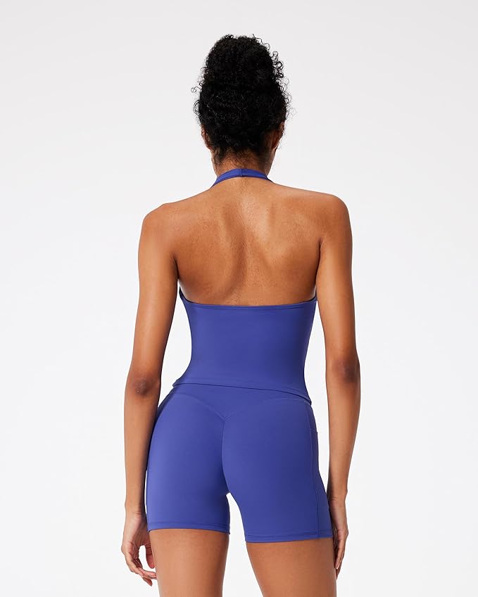 RXRXCOCO Halter Workout Sets for Women 2 Piece V Neck Tank Tops Hidden Scrunch Booty Shorts Gym Outfits with Pockets
