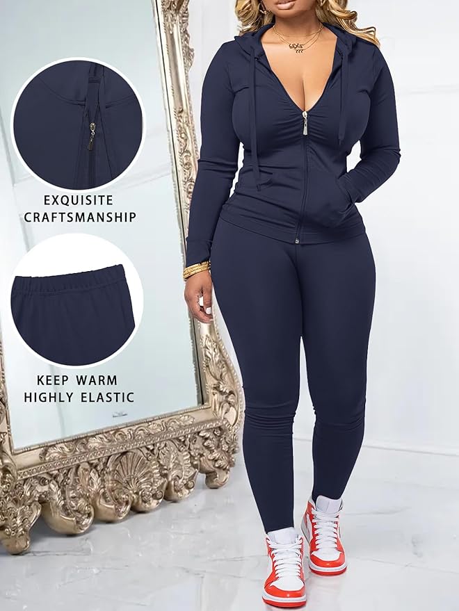 Women Two Piece Outfits Workout Sets Bodycon Legging Jacket Tracksuit Zip Up Hoodie Jogger Matching Sweat Pants Set