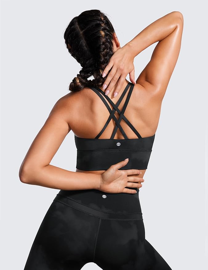 CRZ YOGA Naked Feeling Strappy Longline Sports Bras for Women - Medium Impact Criss Cross Yoga Padded Workout Crop Top