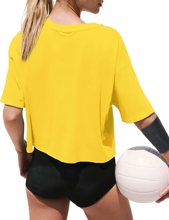 XIEERDUO Cotton Tshirts for Women Drop Shoulder Round Neck Oversized Crop Tops Workout Tops Tees
