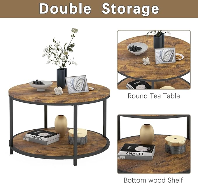 NSdirect Round Coffee Table, 25.6" Small Coffee Table for Living Room,2-Tier Rustic Wood Desktop with Storage Shelf Modern Design Home Furniture(Brown)