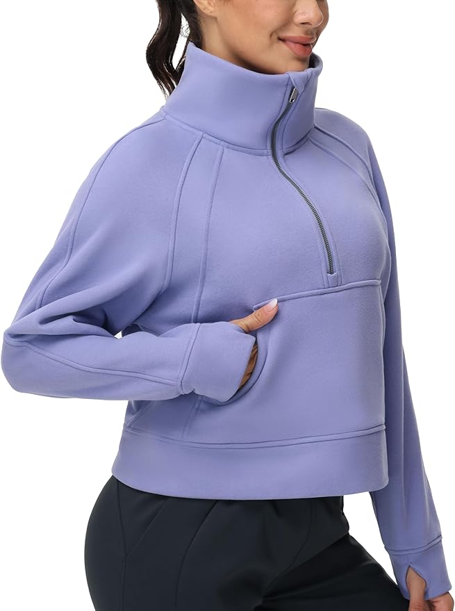 THE GYM PEOPLE Womens' Half Zip Pullover Fleece Stand Collar Crop Sweatshirt with Pockets Thumb Hole