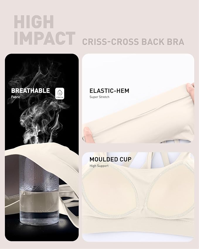 RUNNING GIRL High Impact Sports Bras for Women - Scoop Neck Strappy Sports Bra High Support Moulded Cup Workout Bra