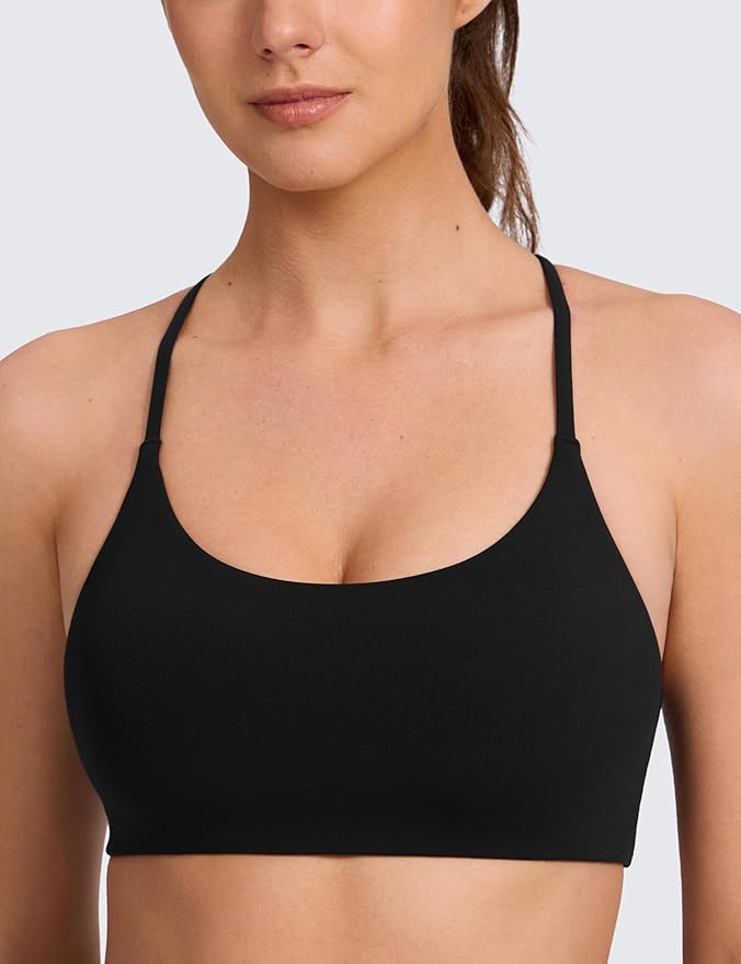 CRZ YOGA Butterlift Double Lined V Back Sports Bras for Women - Scoop Neck Spaghetti Strap Wireless Yoga Top Non Padded
