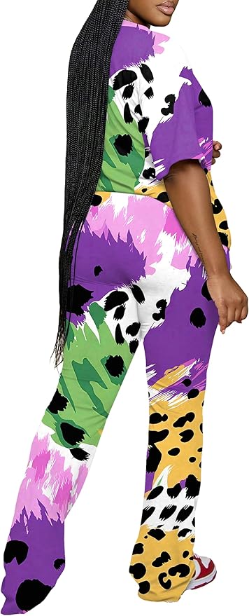PINSV Women 2 Piece Outfits Short Sleeve Top and Flare Pants Lounge Sets Tracksuit