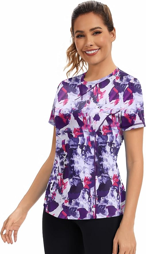 AVOOGUE Women's Short Sleeve Workout Tops Quick Dry Athletic UPF50+ Sun Protection Shirts Gym Hiking Running Yoga Clothes