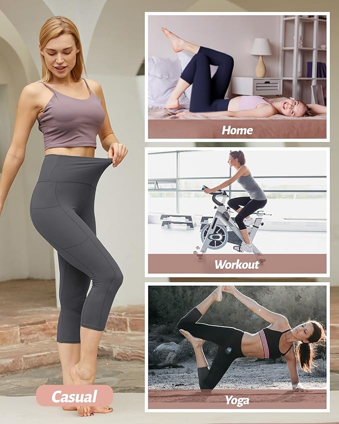 NexiEpoch 4 Pack Leggings for Women - High Waisted Tummy Control Soft Black Capri Yoga Pants with Pockets for Workout