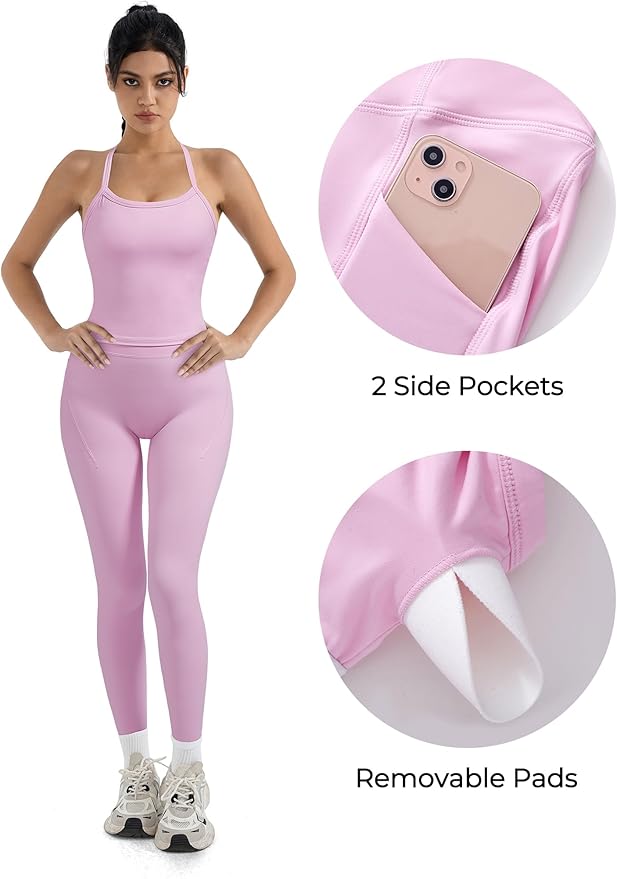 SUUKSESS Women 2 Piece Workout Sets Compression Tummy Control Leggings with Pockets Halter Built in Bra Tank Tops