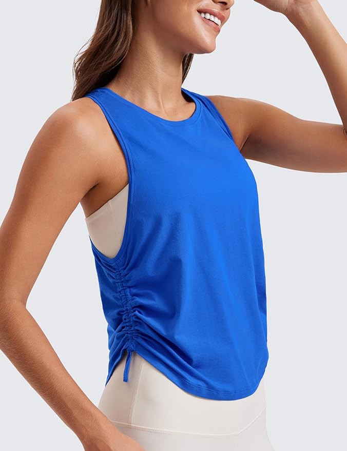 CRZ YOGA Pima Cotton Ruched Side Tank Tops for Women - Workout Athletic Casual Racerback Crewneck Loose Sleeveless Shirts