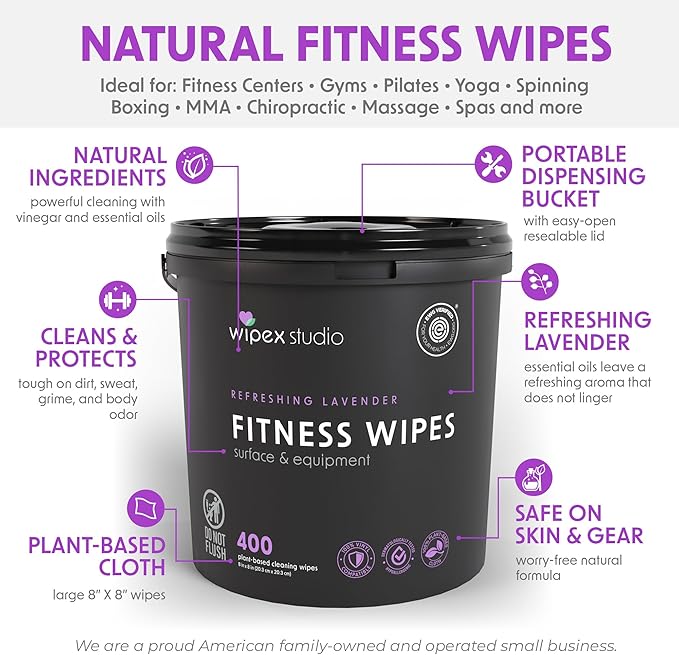 Wipex Gym Wipes Bundle - Get 2 Buckets (1) Lavender Plant-Based Fitness Equipment Wipes & (1) Sanitizing BZK for Skin, Great for Gyms, Yoga Studios, Home, Fitness Centers, 400 Ct (Pack of 2)