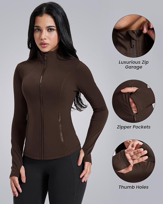 AVGO Womens Workout Jackets Lightweight Athletic Zip Up Jacket Slim Fit Running Gym Top with Pockets & Thumb Holes