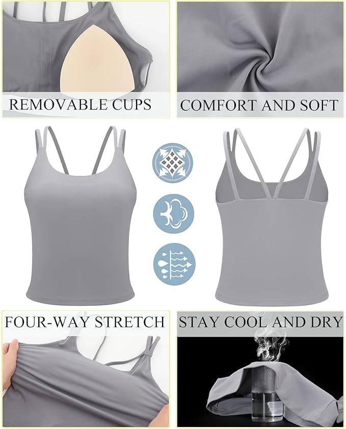 RUNNING GIRL Yoga Tank Tops for Women Built in Shelf Bra B/C Cups Strappy Back Activewear Workout Compression Tops