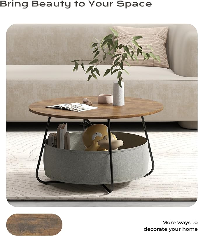 Manora Small Round Coffee Table for Living Room, Modern Center Table with Fabric Basket Storage, Cute Circle Table for Small Spaces, Metal Frame, Brown