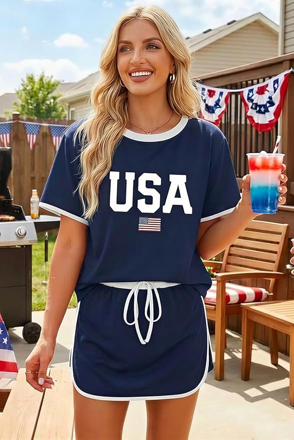 Opemiby Womens 2 Piece Skort Set 2026 Color Block Short Sleeve Top Drawstring Skort Matching Sets Casual Lounge Summer Outfit