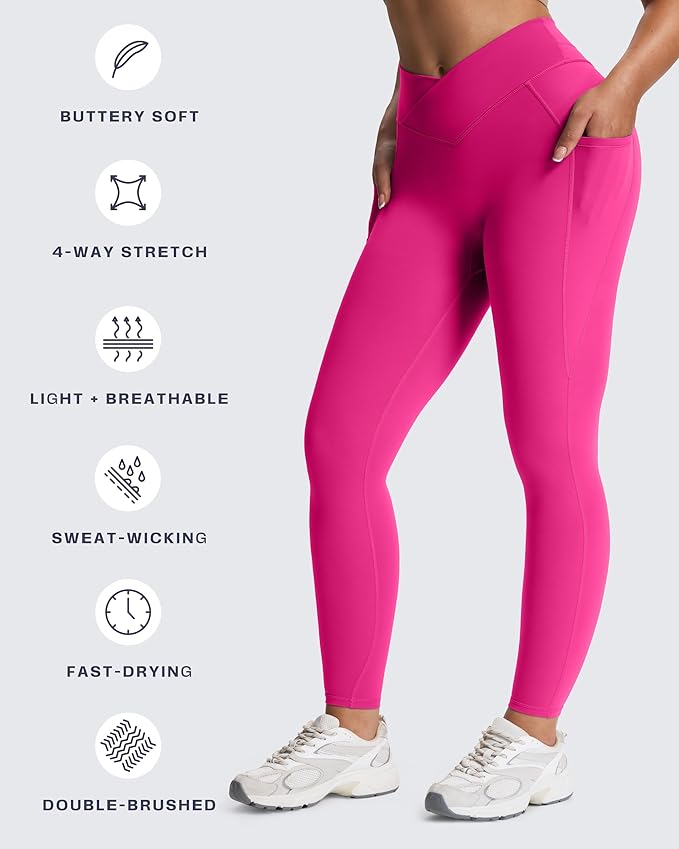 Aoxjox Women's Trinity High Waisted Yoga Pants with Pockets Cross-Waist Tummy Control Buttery Soft Workout Leggings 26"