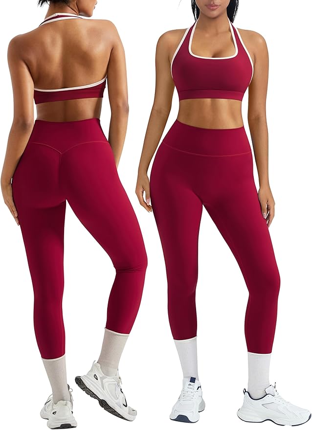OMKAGI 2 Piece Workout Sets for Women Halter Sports Bras Gym Sets Booty Leggings Outfits