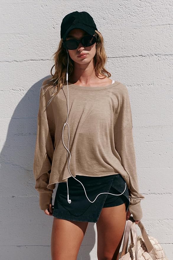 LASLULU Womens Open Back Long Sleeve Workout Tops Athletic Shirts Boat Neck Casual Running Tee Y2k Yoga Gym Tops