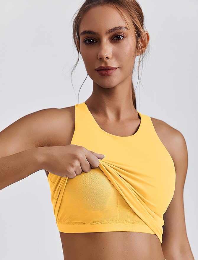 PINSPARK Women Sports Bra High Neck Racerback Workout Crop Tank Top Longline Padded Yoga Tops with Built in Pads